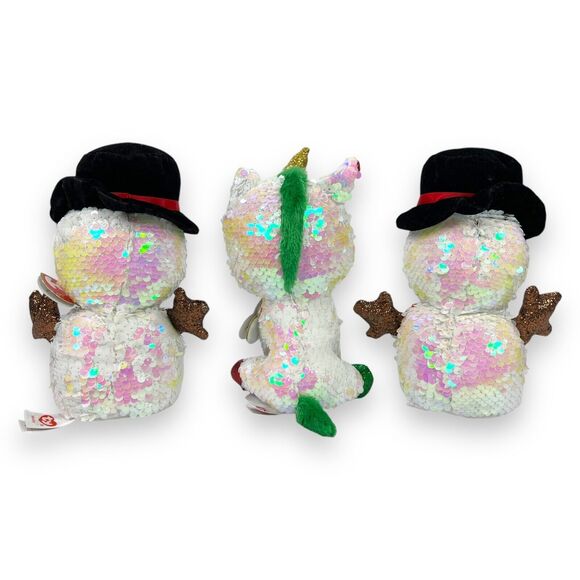 3pc Ty Flippables Christmas Holiday Snowman Unicorn Plush Toy Melty Stardust 7" - Picture 4 of 16